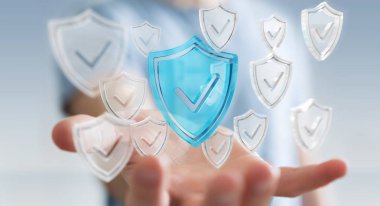 Modern veri kalkan virüsten koruma 3d işlemesini kullanan iş adamı