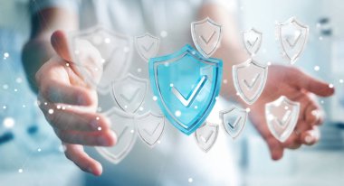 Modern veri kalkan virüsten koruma 3d işlemesini kullanan iş adamı