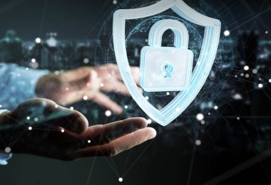 Modern veri kalkan virüsten koruma 3d işlemesini kullanan iş adamı