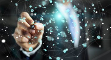 Uçan ağ bağlantısı arabirimi 3d renderi kullanarak iş adamı