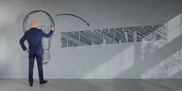 Επιχειρηματίας σχέδιο σκίτσο καινοτομίας σε έναν τοίχο 3d rendering — Φωτογραφία Αρχείου