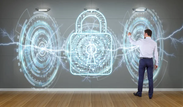 Bir duvar 3d render virüsten koruma arabirimini kullanarak iş adamı