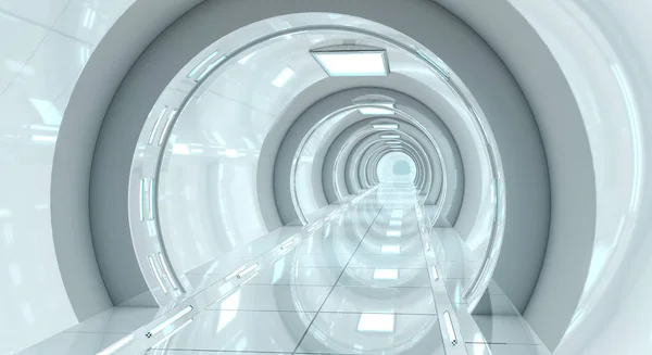 Renderização futurista brilhante do corredor 3D da nave espacial — Fotografia de Stock