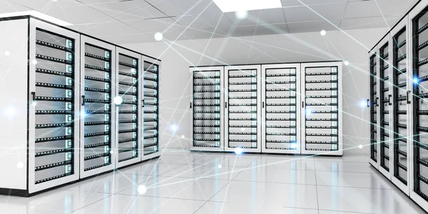 Rete astratta sul server room data center rendering 3D — Foto Stock