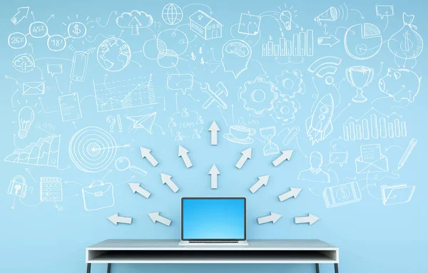 Resepsiyon üzerinde mavi bir duvara yazılmış el yazması proje sunumu