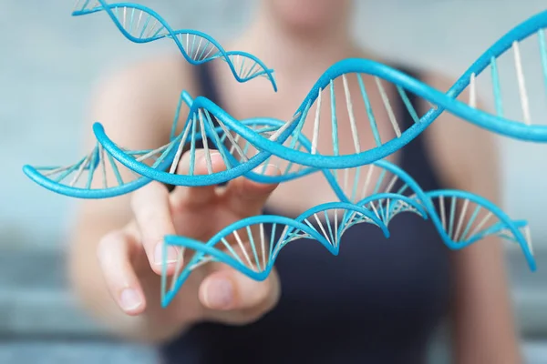Imprenditrice che utilizza la moderna struttura del DNA rendering 3D — Foto Stock