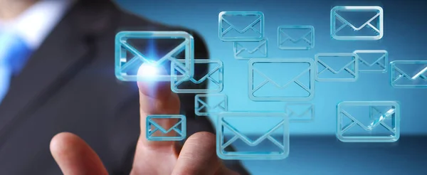 Affärsman holding och trycka flytande e-postmeddelanden 3d-rendering — Stockfoto