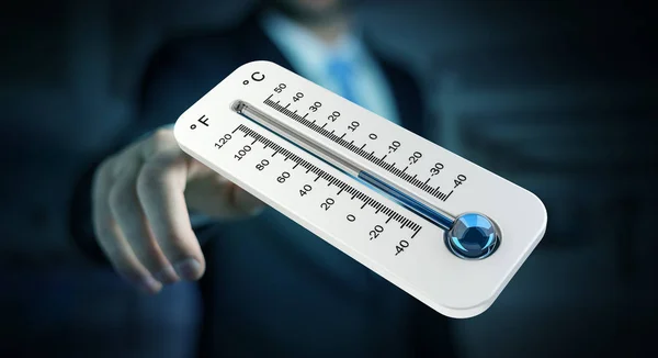 Affärsman kontrollera temperaturen släppa 3d-rendering — Stockfoto