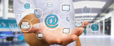 Çizilmiş grafik iletişim ve bağlantı ile tutan işadamı