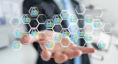 Elle çizilmiş bir virüsten koruma sistemi tutan işadamı