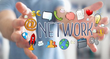 İşadamı modern el yazması ağ metin kullanma