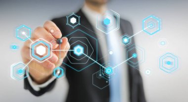 Dijital ekranlar hologramlar veriler 3d render ile kullanarak iş adamı