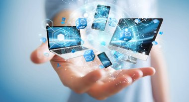 Teknik cihazlar birbirine işadamı 3d render tarafından bağlı