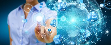 İşadamı 3d rende tarafından aktive uçan Dünya ağ arabirimi