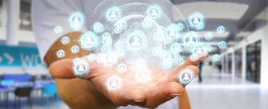 Sosyal ağ arabirimi 3d işlemesini kullanan iş adamı