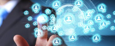 Sosyal ağ arabirimi 3d işlemesini kullanan iş adamı