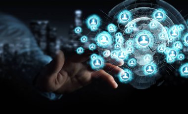 Sosyal ağ arabirimi 3d işlemesini kullanan iş adamı