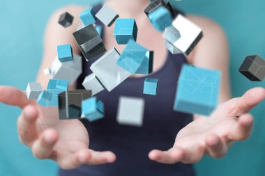 Mavi parlak küp ağ 3d renderin yüzen kullanarak iş kadını