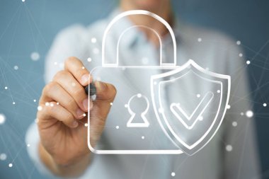 İş kadını elle çizilmiş bir virüsten koruma sistem çizim