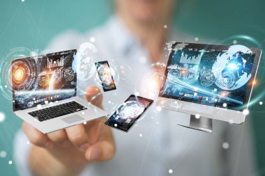 Teknik cihazlar işkadını 3d renderi ile birbirine bağlı