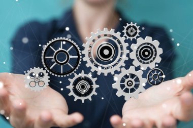 Kayan dişli simgeler 3d rendering kullanarak iş kadını