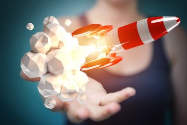 Holding ve kırmızı roket 3d render dokunmadan işkadını