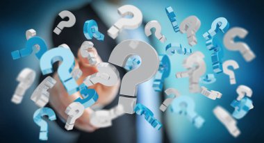 3D render soru işaretleri kullanarak iş adamı