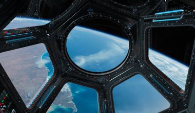 Bir uzay istasyonu pencere 3d işleme el Dünya gezegeninden görünümünü