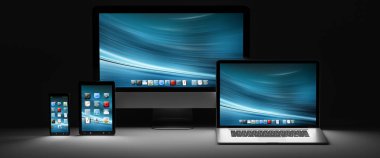 Karanlık modern bilgisayar dizüstü cep telefonu ve tablet 3d render