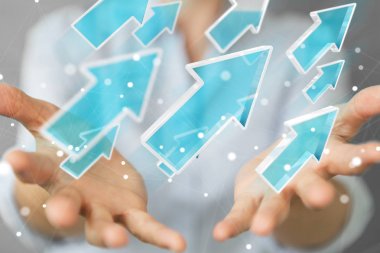 Dijital modern ok 3d işlemesini kullanan iş kadını