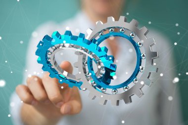 Kayan modern dişli mekanizması 3B oluşturmayı kullanarak iş kadını