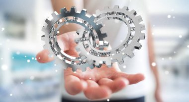 Kayan modern dişli mekanizması 3B oluşturmayı kullanarak iş adamı