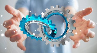 Kayan modern dişli mekanizması 3B oluşturmayı kullanarak iş adamı