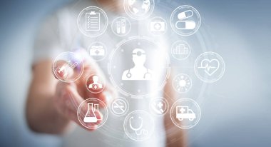 Modern tıbbi arabirimi 3d işlemesini kullanan iş adamı