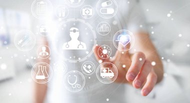 Modern tıbbi arabirimi 3d işlemesini kullanan iş adamı