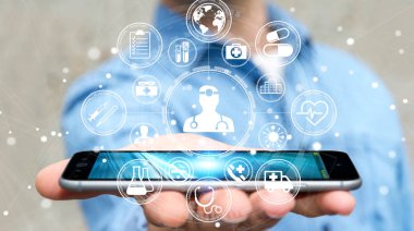 Modern tıbbi arabirimi 3d işlemesini kullanan iş adamı