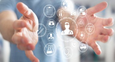 Modern tıbbi arabirimi 3d işlemesini kullanan iş adamı