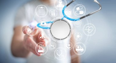 Holding ve kayan stetoskop 3d renderi dokunmadan işadamı