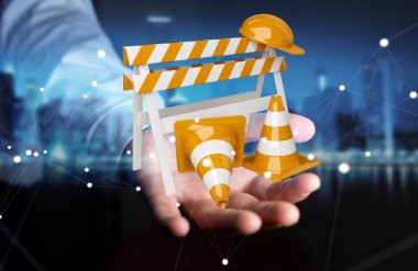 Dijital 3d render altında inşaat işaretleri kullanarak iş adamı
