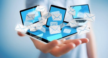 İşadamı onun dijital cihazlar 3d renderin üzerinde e-posta alma