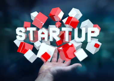 3D render başlangıç tanıtımı küp ile yüzen tutan adam