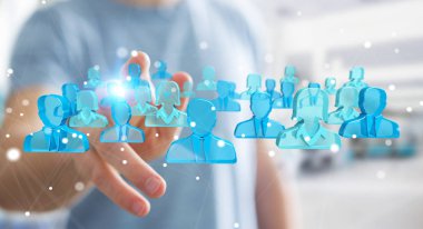 3D rendering grup mavi insan tutan işadamı 