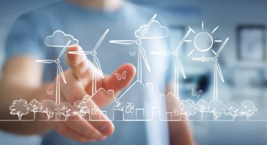 Yenilenebilir enerji kroki dokunmadan işadamı