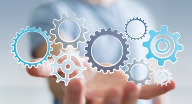 Simgeleri çizilmiş tutan işadamı vites