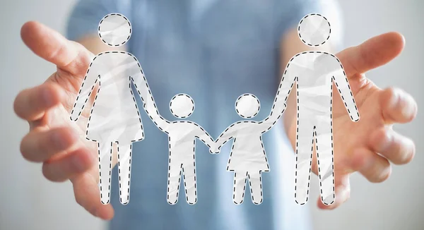 Zakenman holding familie interface in zijn hand 3D-rendering — Stockfoto