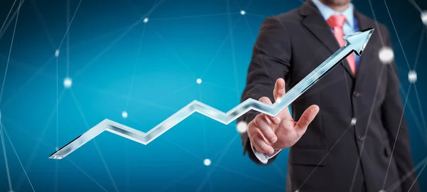 Businessman touching digital blue arrow 3D rendering — Stock Photo, Image