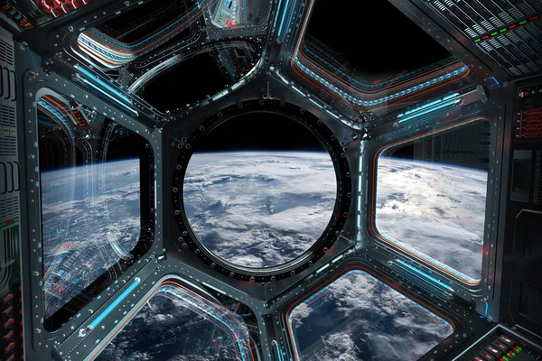 Utsikt över planeten jorden från en rymdstation fönster 3d rendering el — Stockfoto