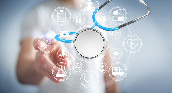 Businessman holding and touching floating stethoscope 3D renderi