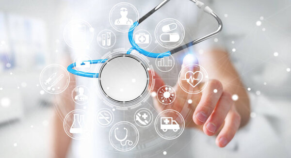 Businessman holding and touching floating stethoscope 3D renderi