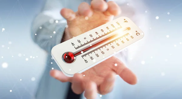 Uomo d'affari che controlla l'aumento della temperatura rendering 3D — Foto Stock